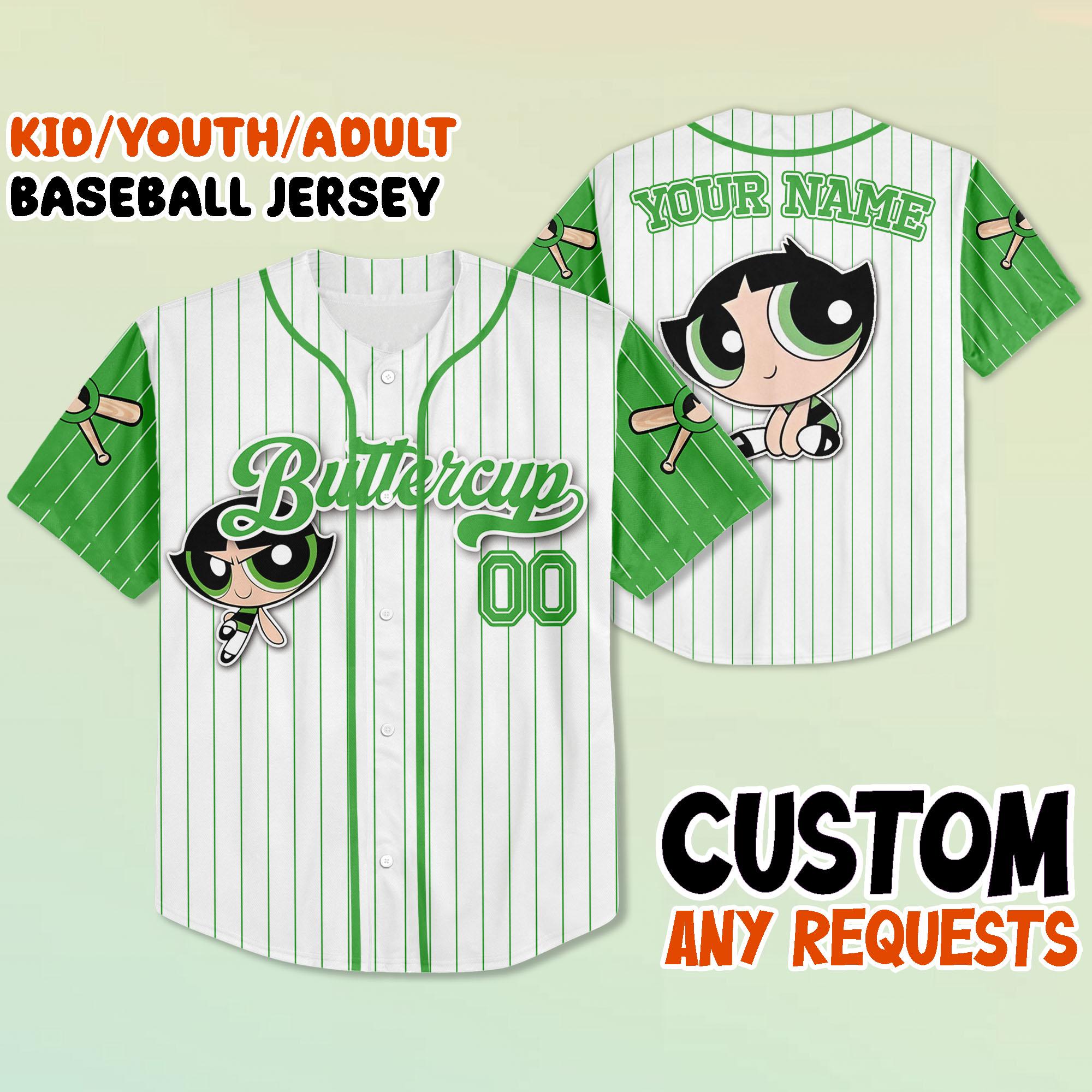 Custom Buttercup Baseball Jersey, Kid Youth Adult Jersey, Personalized Name Number Shirt, Power Cartoon Team Jersey, Gift for Fans