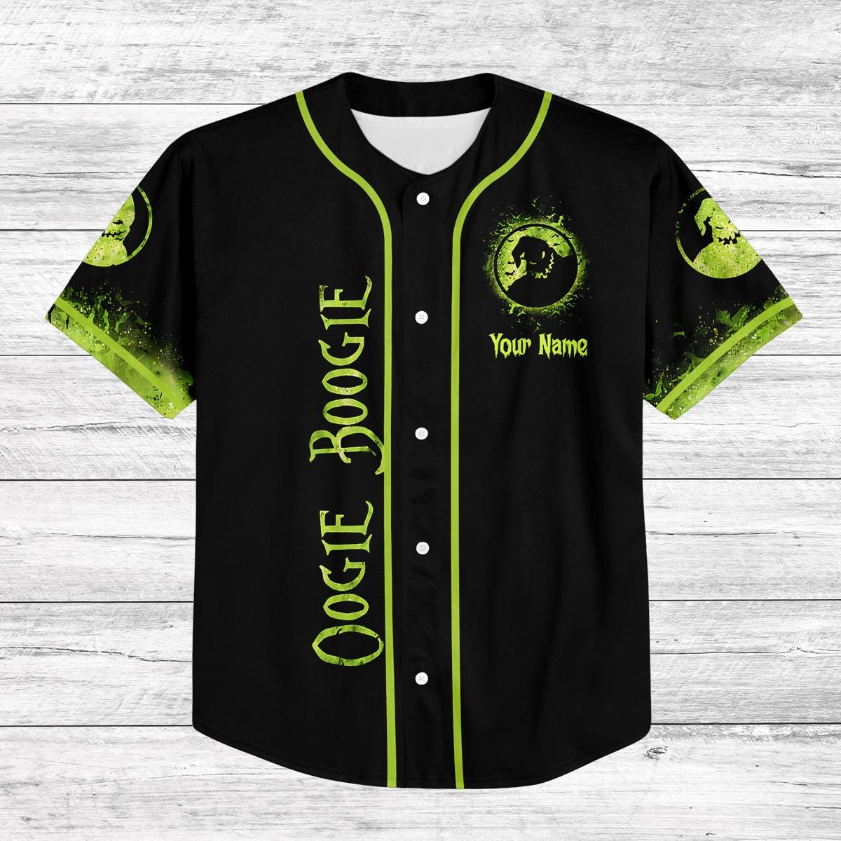 Custom Oogie Boogie Baseball Jersey, Nightmare Halloween Shirt, Glow Green Spooky Jersey, Personalized Halloween Costume Tee