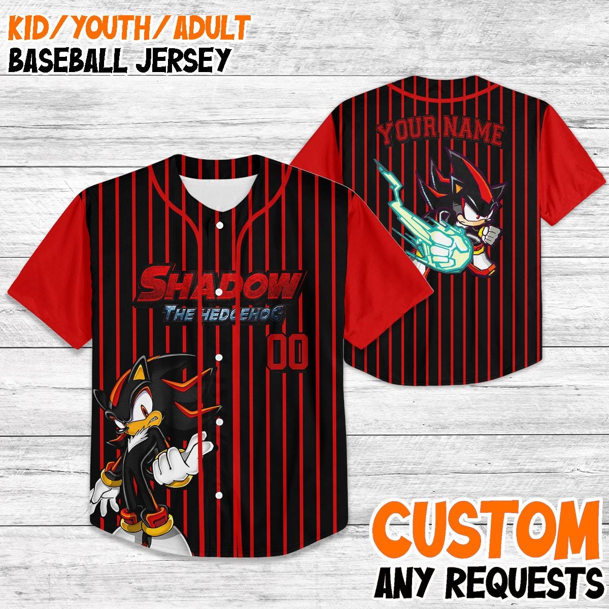 Custom Shadow The Hedgehog Sonic Baseball Jersey, Kids Youth Adult Gamer Shirt, Sonic Fan Gift, Personalized Video Game Jersey Tee