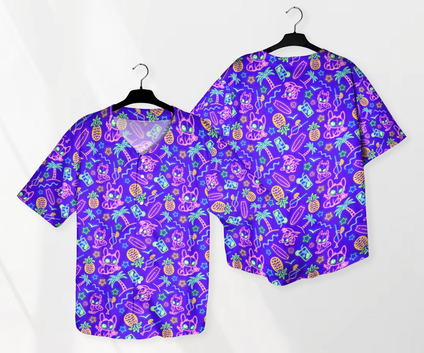 Toothless Baseball Jersey Shirt, Neon Dragon Button Up Shirt, Tropical Beach Style Jersey Gift for Adults, Unisex Dragon Shirt