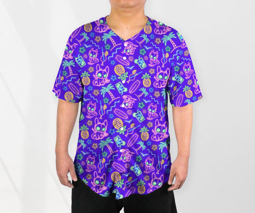 Toothless Baseball Jersey Shirt, Neon Dragon Button Up Shirt, Tropical Beach Style Jersey Gift for Adults, Unisex Dragon Shirt