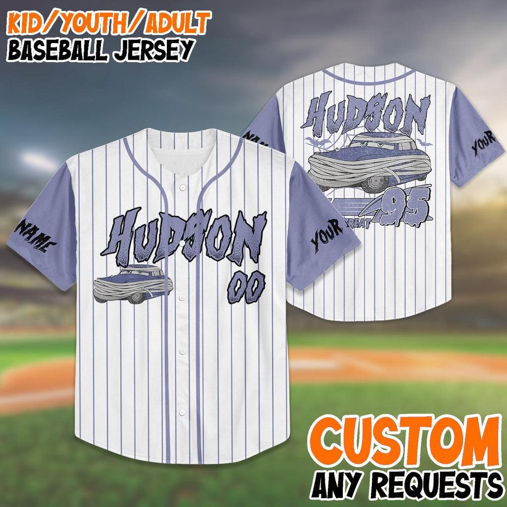 Custom Halloween Baseball Jersey | Personalized Hudson Car Jersey | Trick or Treat Outfit for Kids, Youth, Adults | Unique Costume