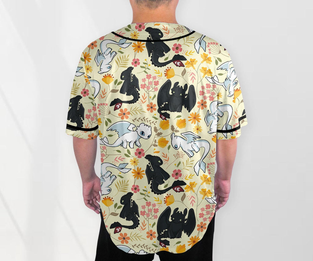 Toothless Baseball Jersey Shirt, Light Fury Dragon Floral Shirt, Cute Fantasy Button Up Gift for Adults, Unisex Dragon Jersey Gift