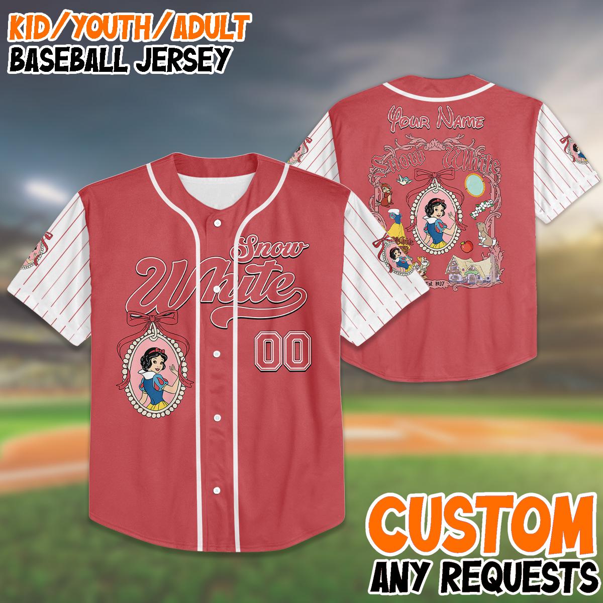 Custom Snow White Baseball Jersey, Personalized Birthday Shirt, Princess Party Outfit, Kid Youth Adult Sizes, Unique Gift Idea