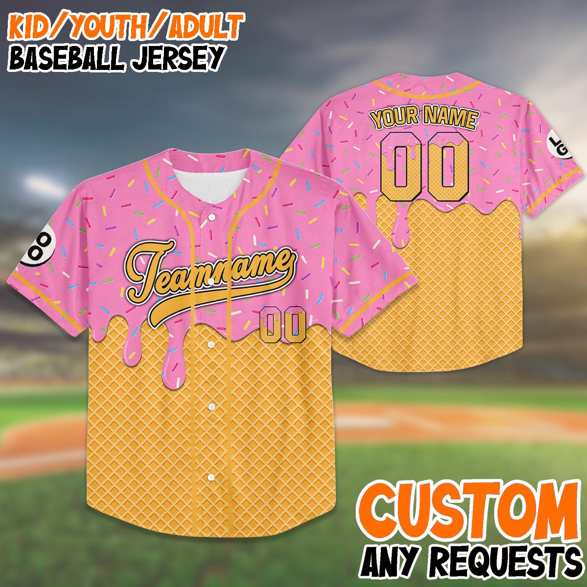 Custom Ice Cream Baseball Jersey, Personalized Name Number Shirt, Birthday Gift, Family Trip Matching Outfit, Fun Summer Jersey