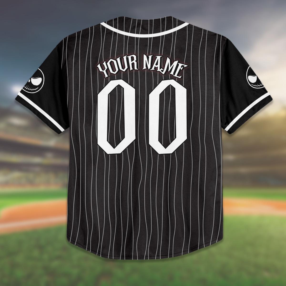 Custom Birthday Baseball Jersey, Jack Skellington Pinstripe Shirt, Personalized Name Number, Spooky Birthday Gift, Halloween Party