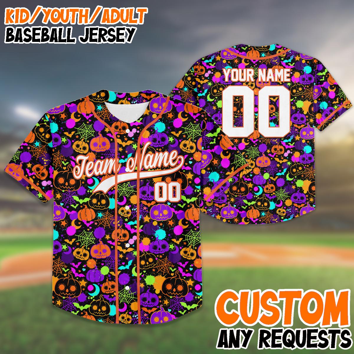 Custom Halloween Baseball Jersey, Spooky Pumpkin Team Shirt, Matching Family Outfit, Kid Youth Adult Name Number Gift, Birthday Gift For Kid
