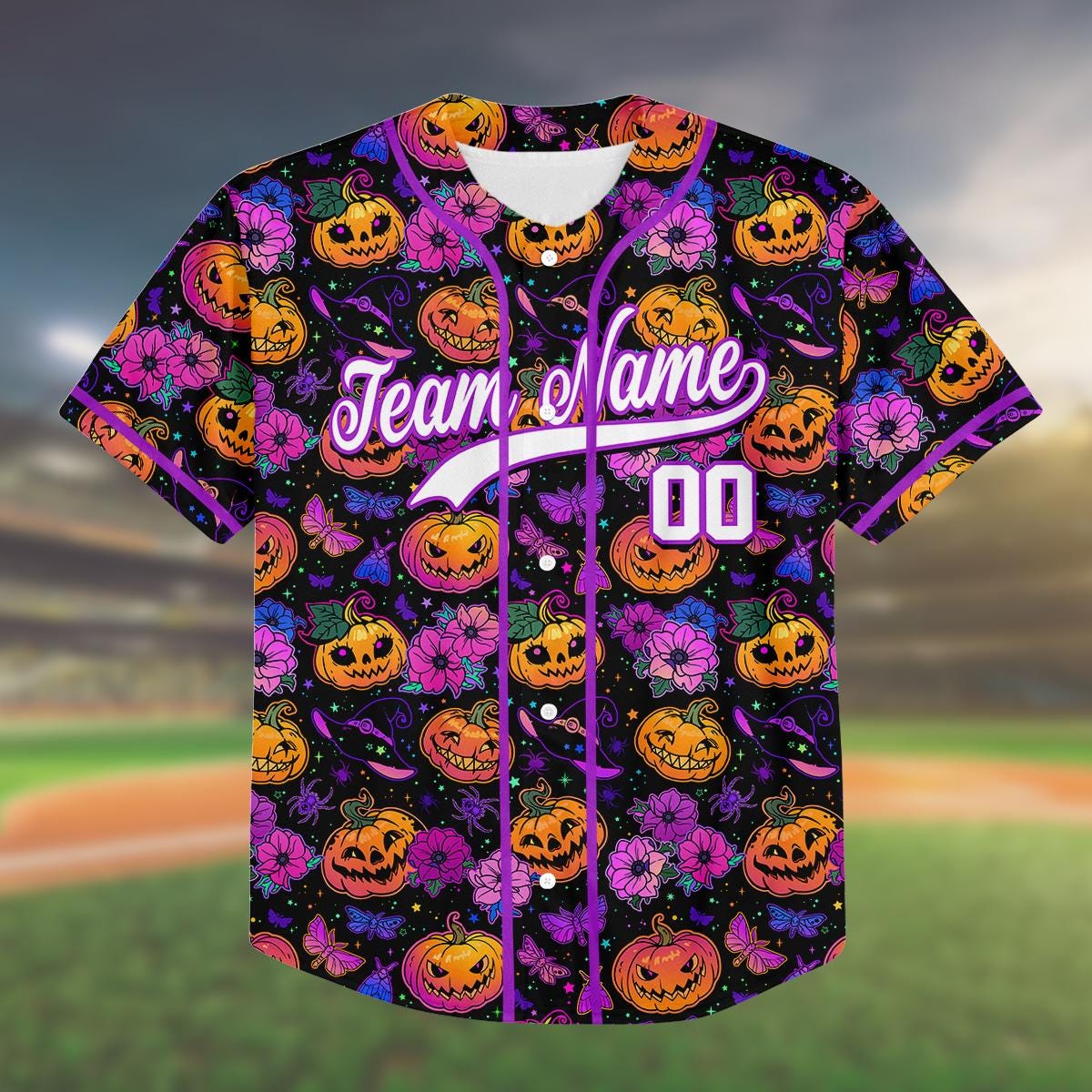 Custom Purple Halloween Baseball Jersey, Kids Youth Adult Shirt, Pumpkin Floral Spooky Outfit, Family Matching Costume Gift