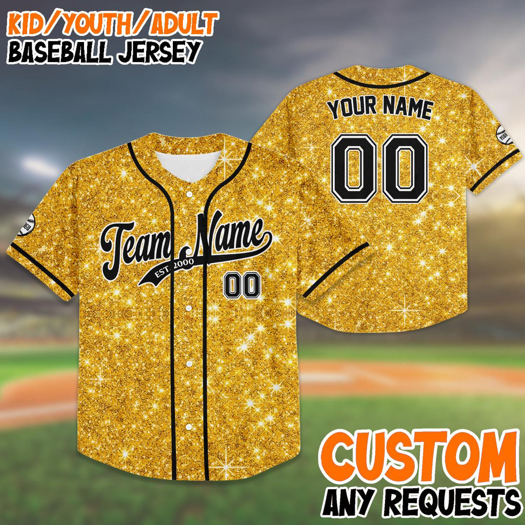 Custom Gold Glitter Baseball Jersey, Personalized Name And Number Shirt, Sparkly Jersey for Kids And Adults, Birthday or Team Gift