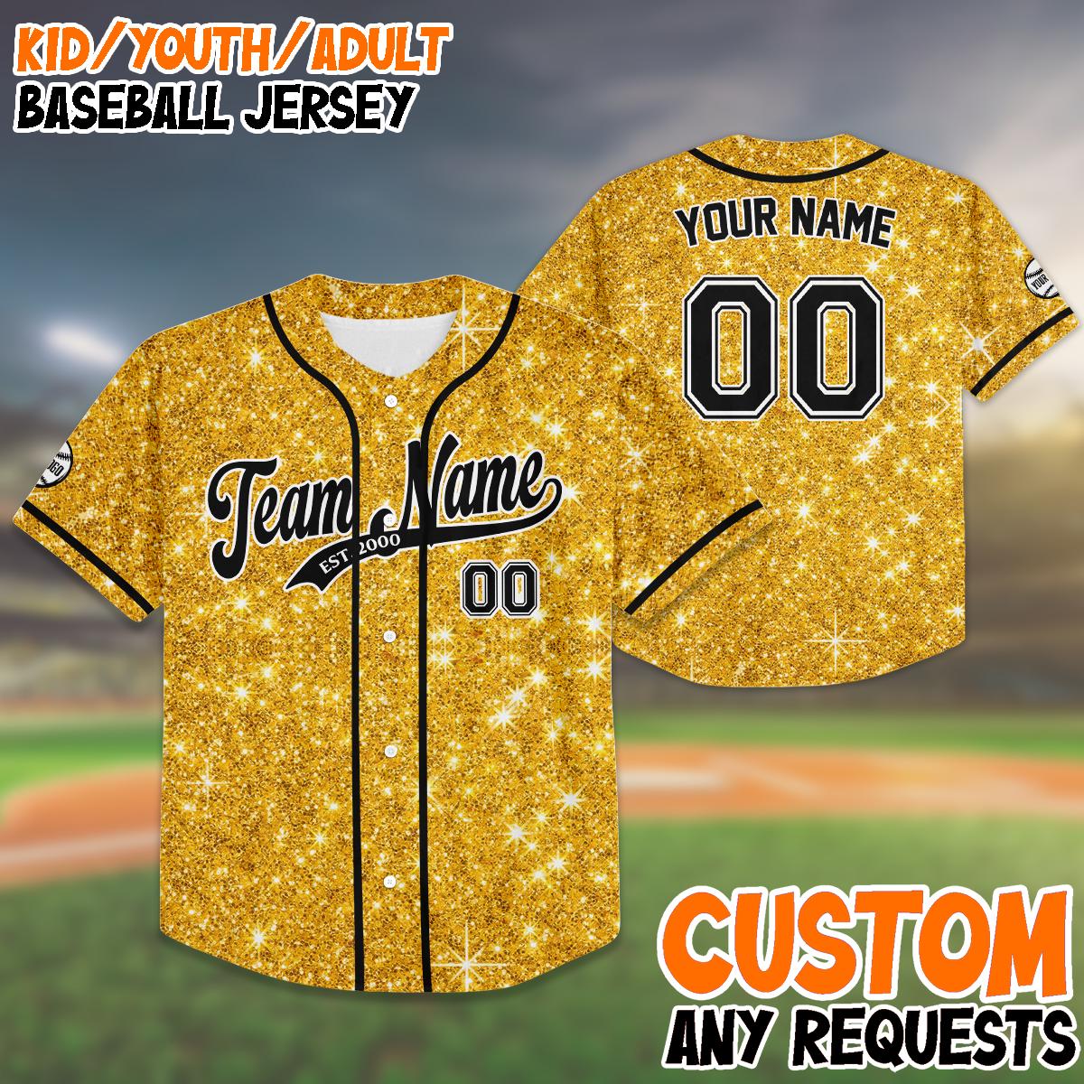 Custom Gold Glitter Baseball Jersey, Personalized Name And Number Shirt, Sparkly Jersey for Kids And Adults, Birthday or Team Gift