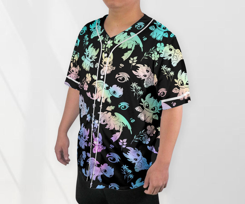 Toothless Baseball Jersey Shirt, Cute Dragon Button Up Shirt, Pastel Dragon Jersey Gift for Adults, Unisex Dragon Shirt