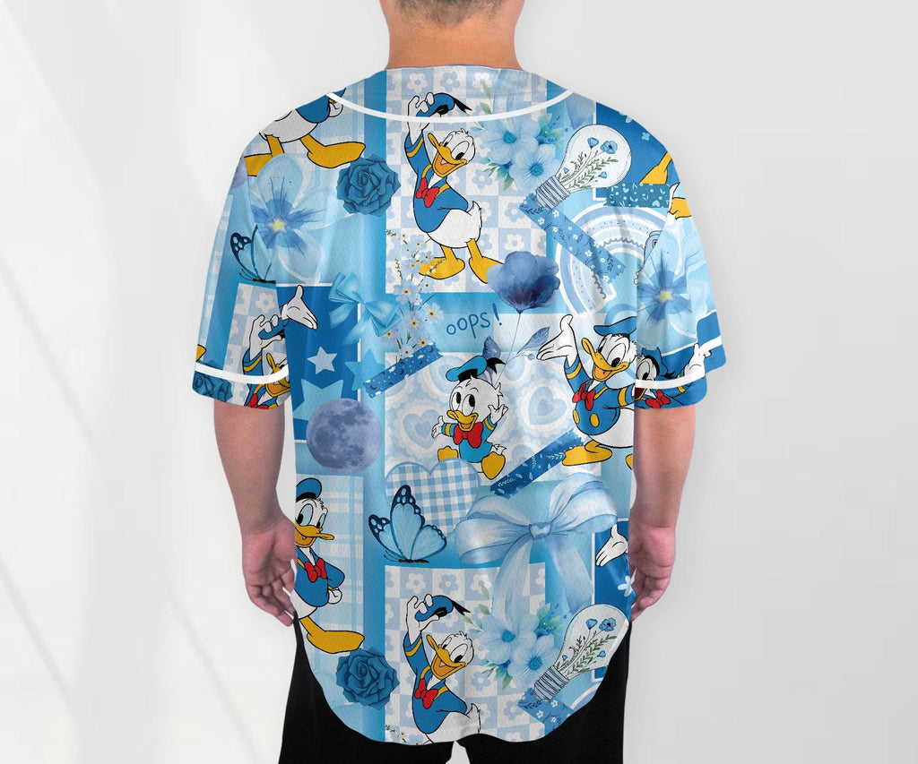 Donald Baseball Jersey Shirt, Cute Duck Button Up Shirt, Pastel Blue Cartoon Jersey Gift for Adults, Unisex Comic Style Shirt