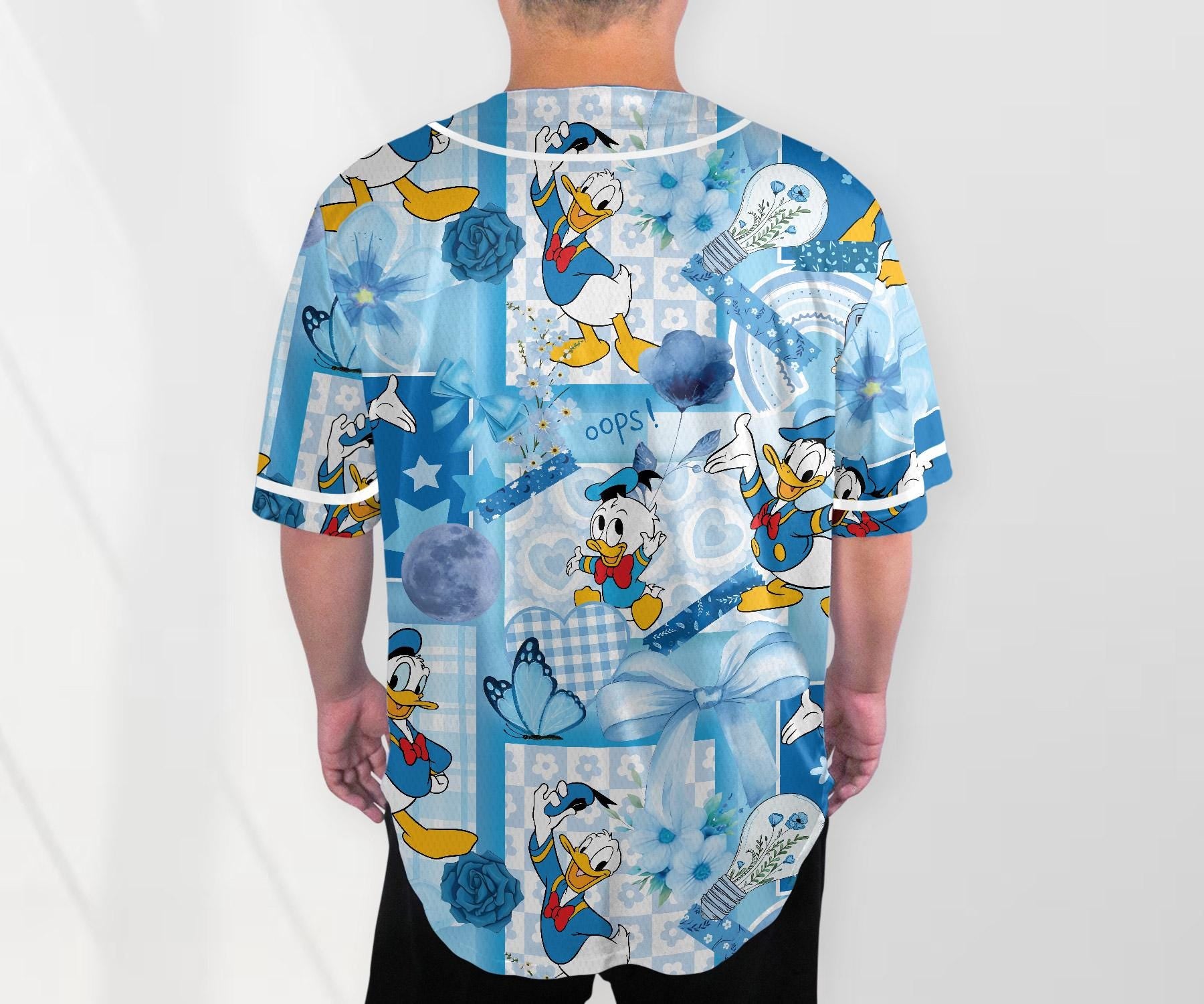 Donald Baseball Jersey Shirt, Cute Duck Button Up Shirt, Pastel Blue Cartoon Jersey Gift for Adults, Unisex Comic Style Shirt