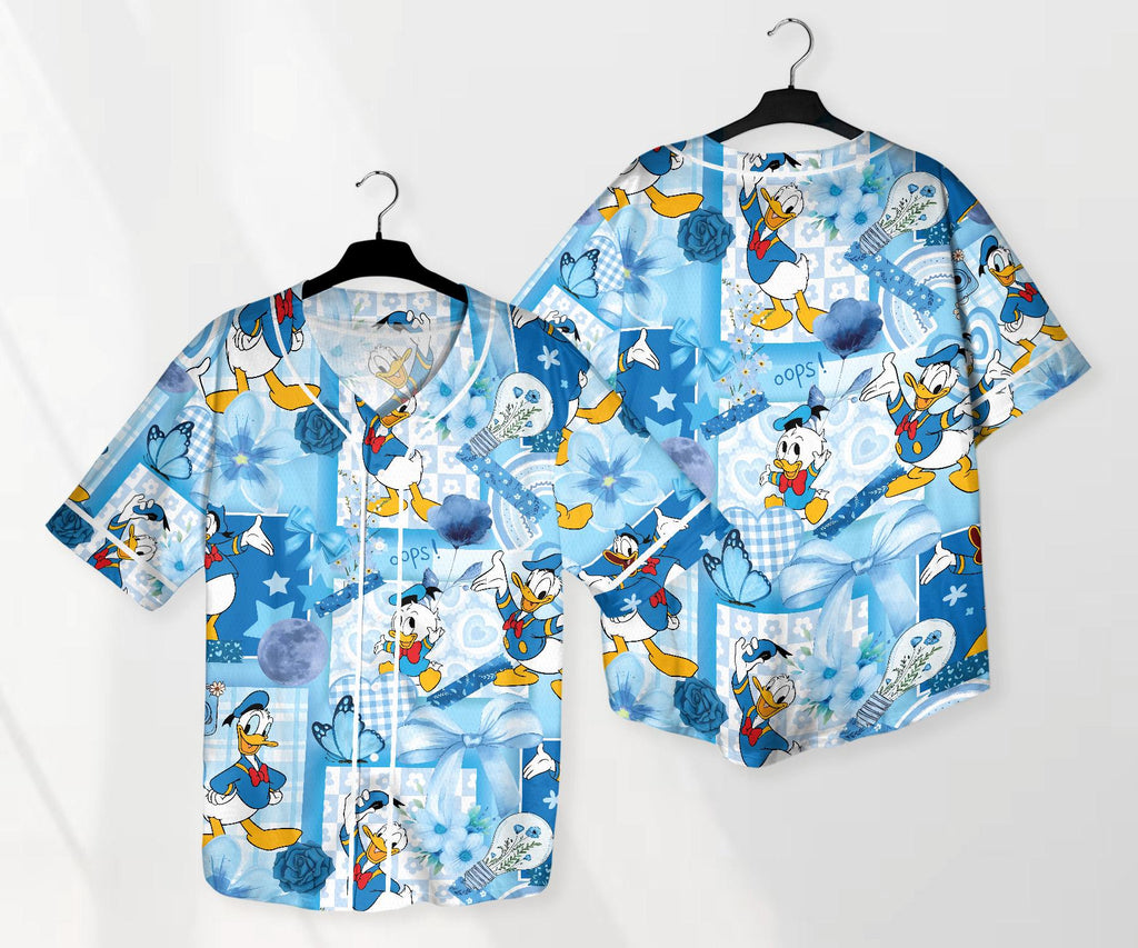 Donald Baseball Jersey Shirt, Cute Duck Button Up Shirt, Pastel Blue Cartoon Jersey Gift for Adults, Unisex Comic Style Shirt