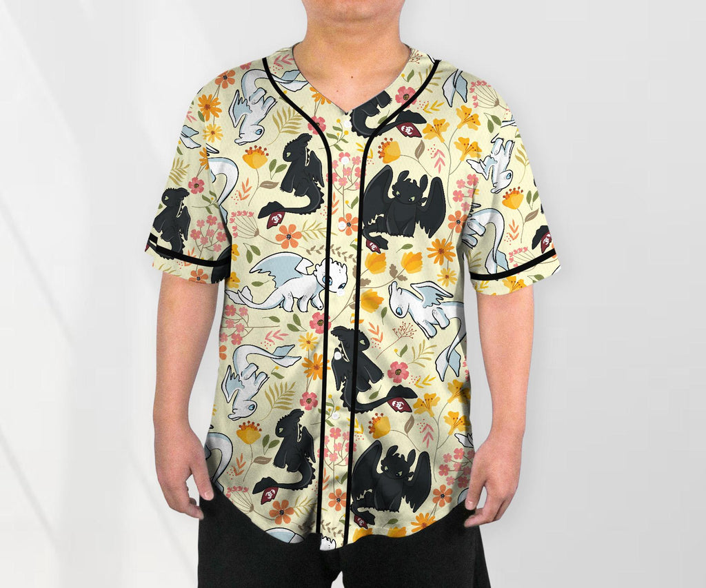 Toothless Baseball Jersey Shirt, Light Fury Dragon Floral Shirt, Cute Fantasy Button Up Gift for Adults, Unisex Dragon Jersey Gift