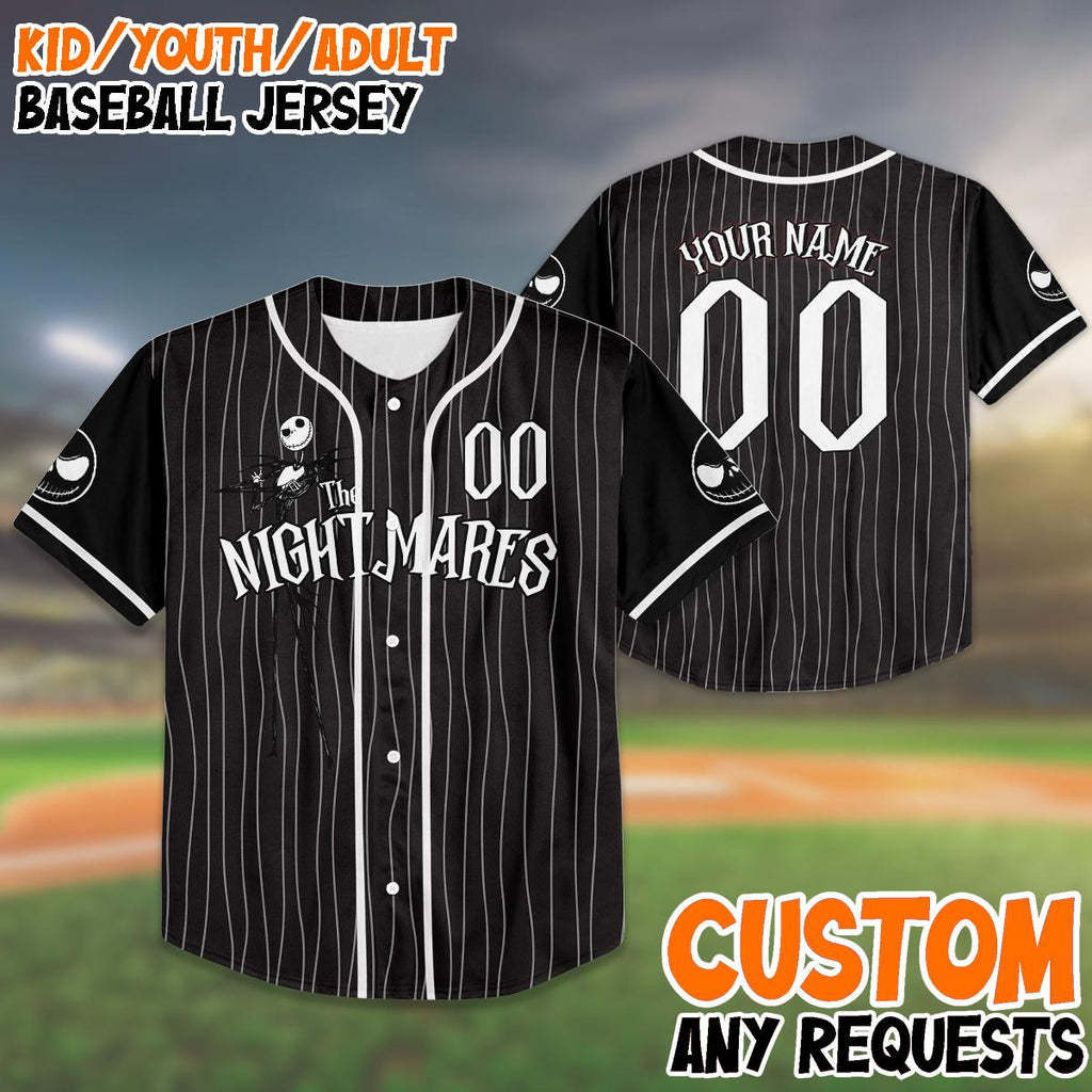 Custom Birthday Baseball Jersey, Jack Skellington Pinstripe Shirt, Personalized Name Number, Spooky Birthday Gift, Halloween Party