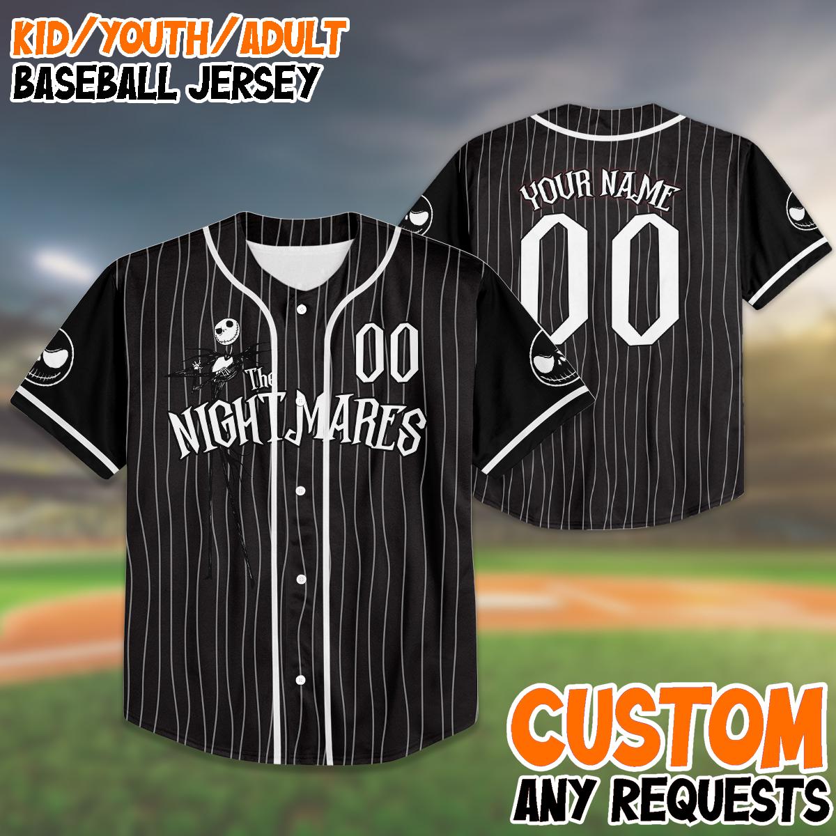 Custom Birthday Baseball Jersey, Jack Skellington Pinstripe Shirt, Personalized Name Number, Spooky Birthday Gift, Halloween Party