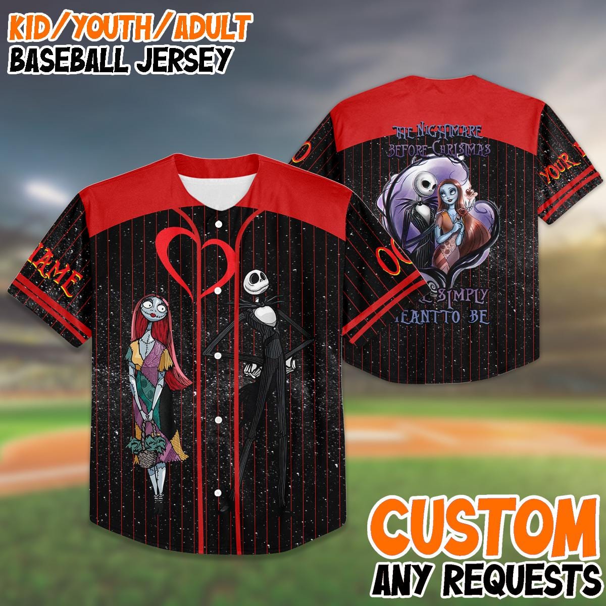 Custom Halloween Couple Baseball Jersey, Jack Sally Love Jersey, Matching Nightmare Shirt, Personalized Gift for Him Her