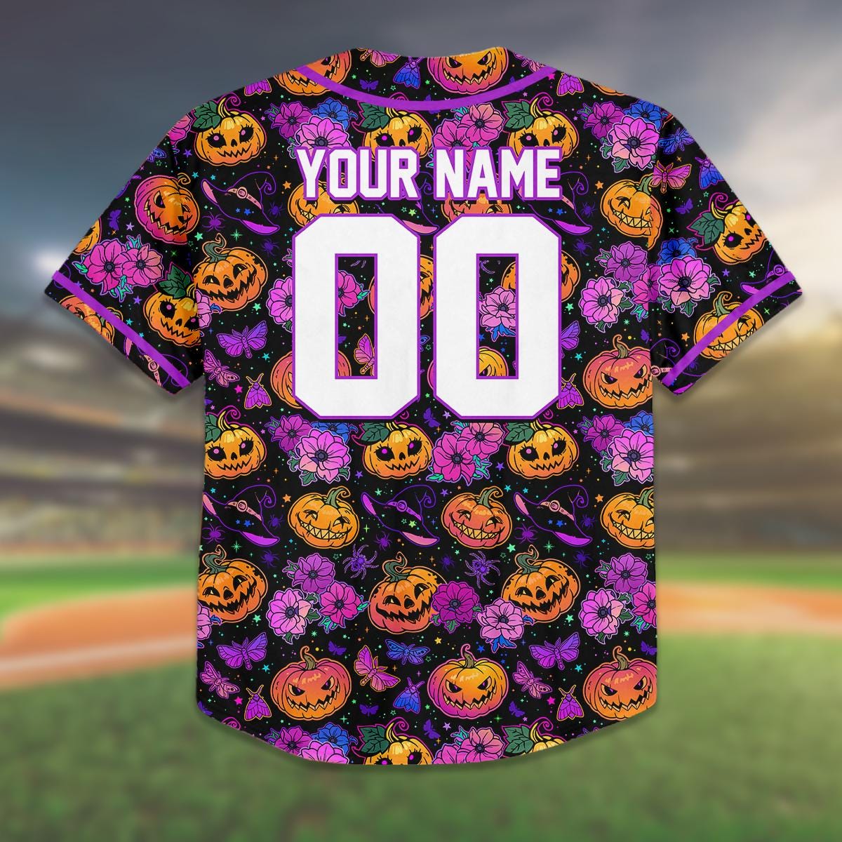 Custom Purple Halloween Baseball Jersey, Kids Youth Adult Shirt, Pumpkin Floral Spooky Outfit, Family Matching Costume Gift