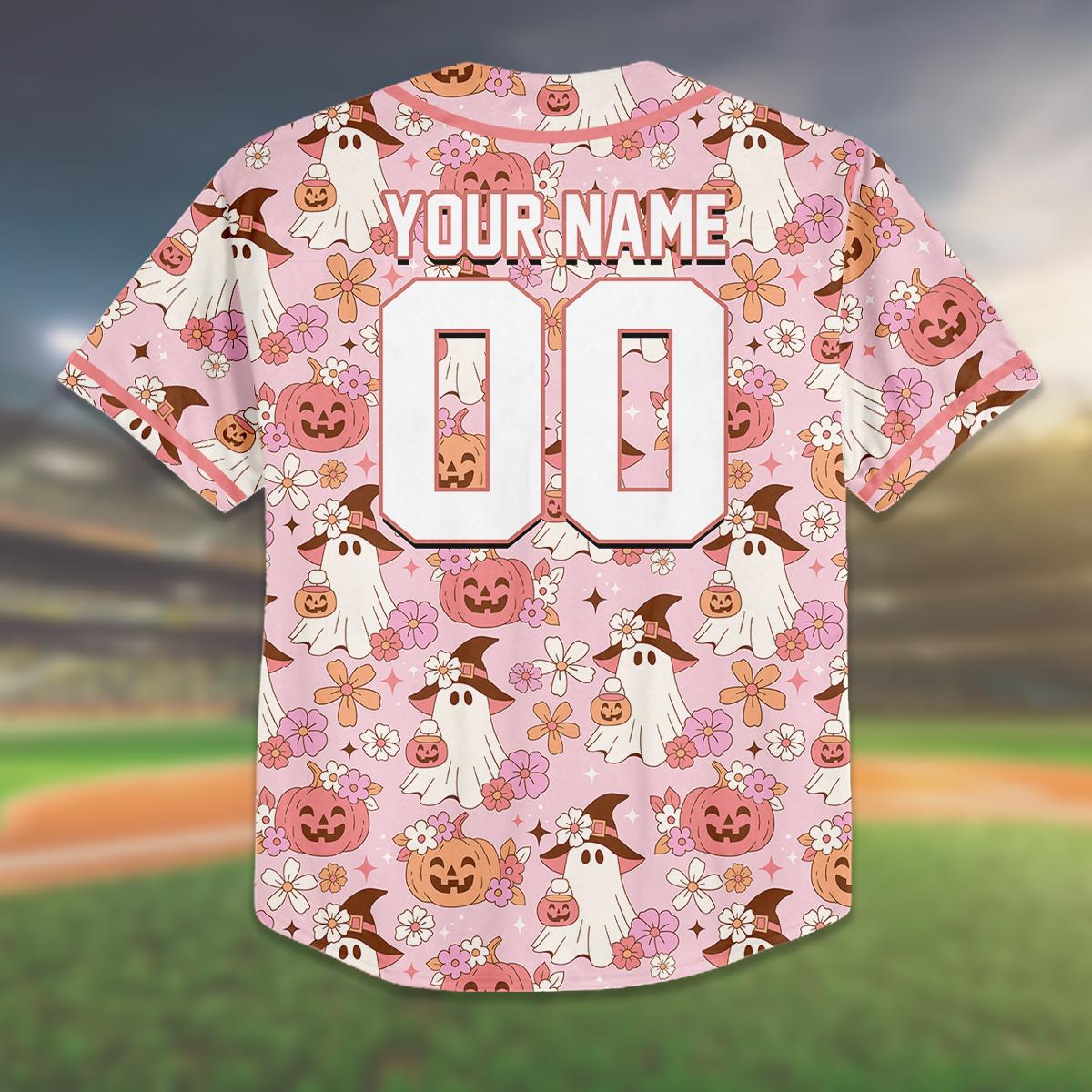 Custom Light Pink Halloween Baseball Jersey, Cute Ghost Pumpkin Shirt, Family Matching Outfit, Personalized Name & Number, Birthday Gift