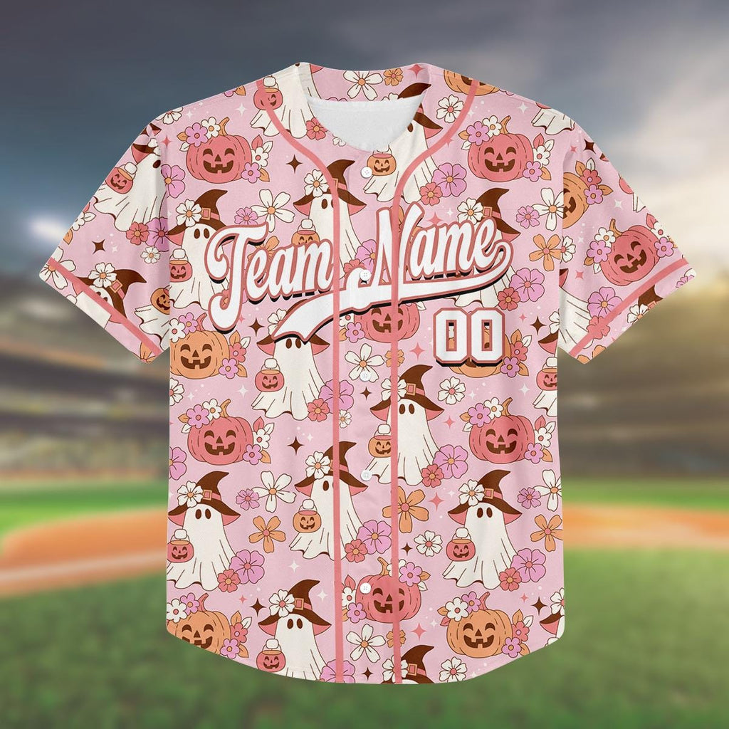 Custom Light Pink Halloween Baseball Jersey, Cute Ghost Pumpkin Shirt, Family Matching Outfit, Personalized Name & Number, Birthday Gift