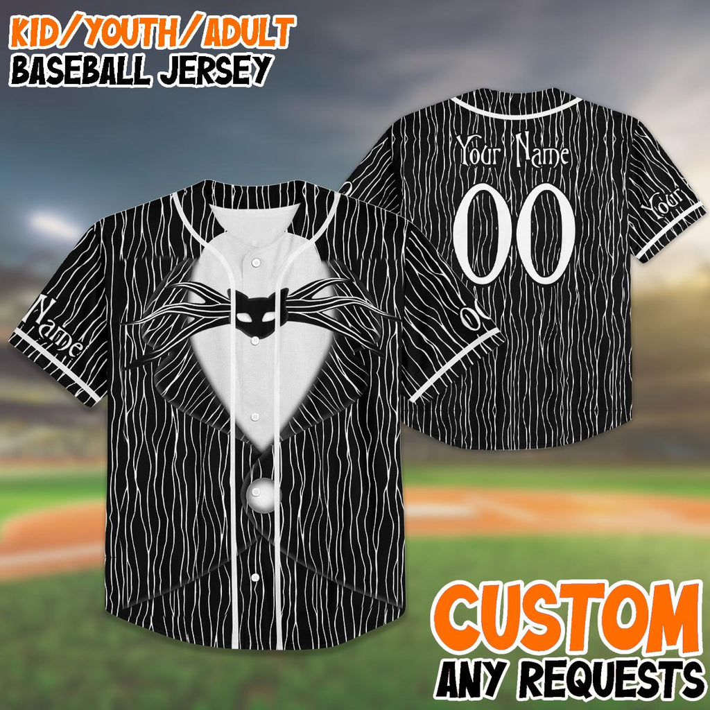 Custom Halloween Baseball Jersey, Jack Skeleton Costume Shirt, Nightmare Theme, Kids Youth Adult Matching Outfit, Spooky Jersey