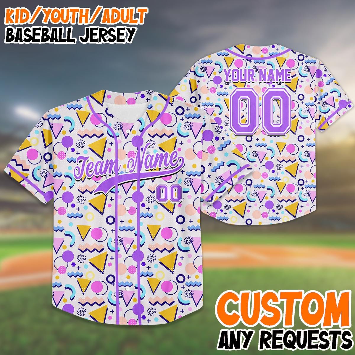 Custom 90s Style Baseball Jersey for Kids & Adults, Personalized Team Name and Number, Retro Pattern Shirt, Family Matching Outfit, Birthday