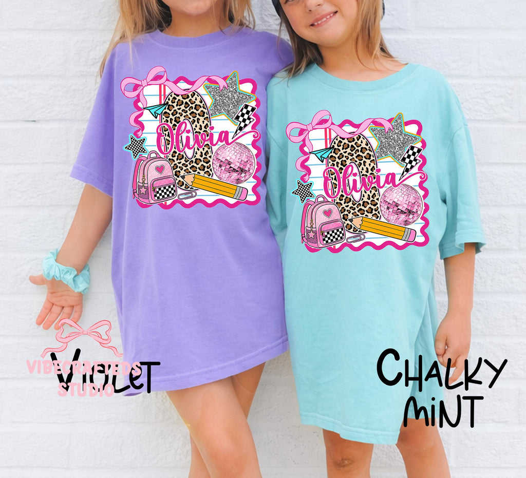 Custom Name Leopard Initial Comfort Colors Back School Girl Tee Coquette Bow Pencil Backpack Custom Student (4)
