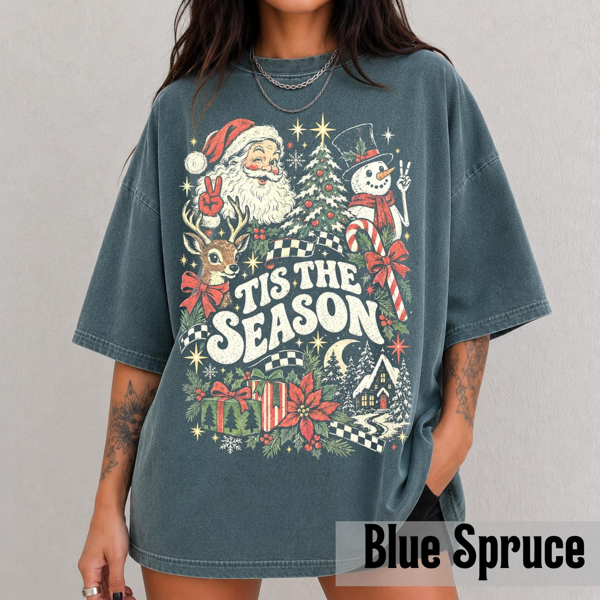Retro Christmas Y2k Comfort Colors Tee Vintage-Inspired Santa Snowman Collage Tis Season (5)