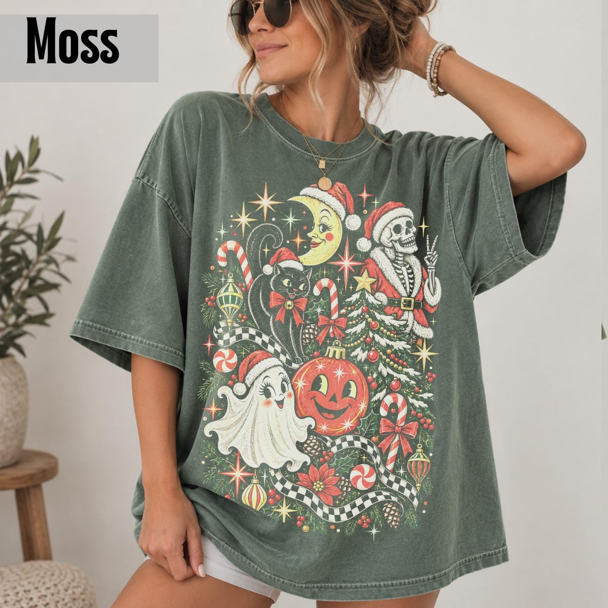 Spooky Christmas Y2k Comfort Colors Tee Retro Ghost Cat Skeleton Collage Goth Grunge Tis Season Holiday (2)