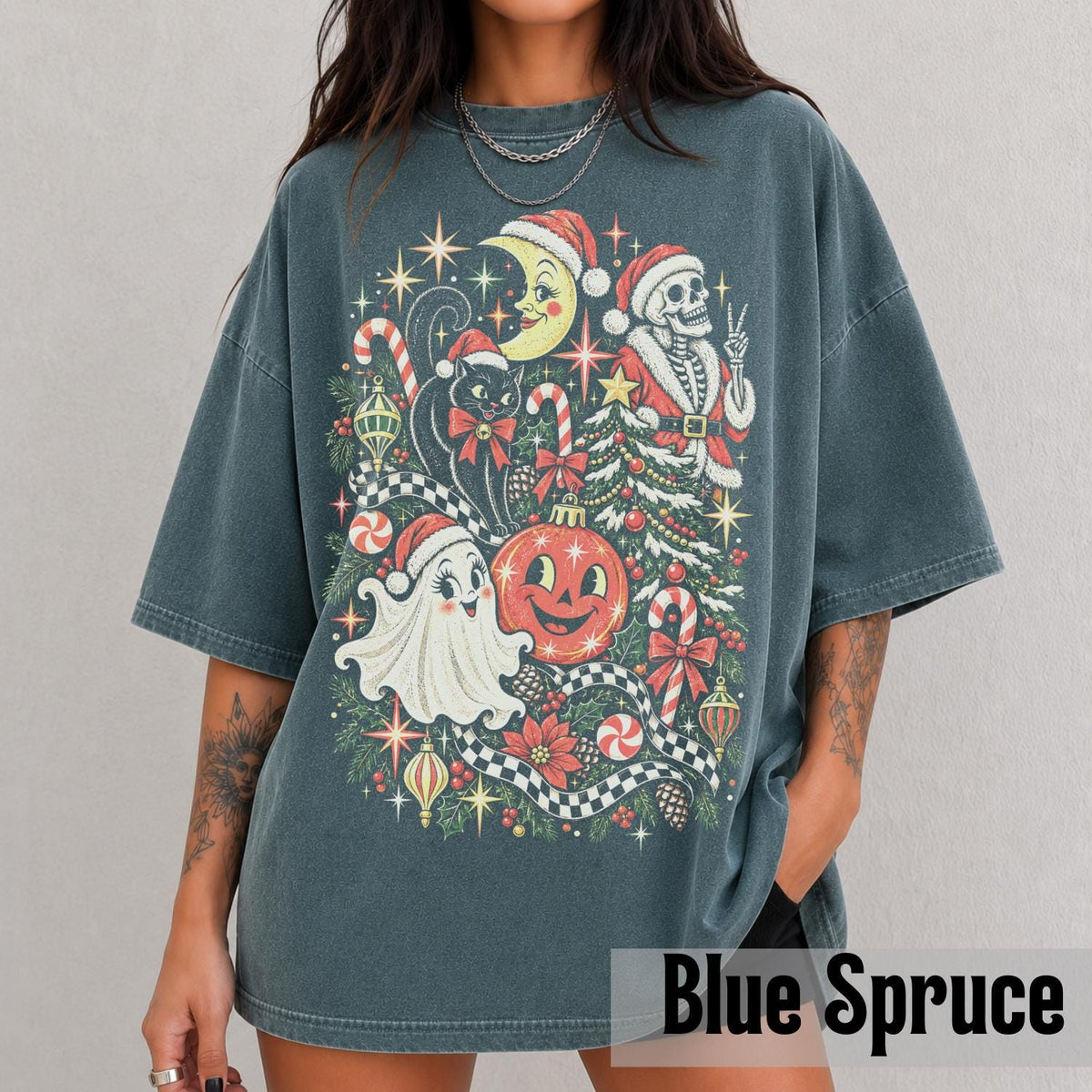 Spooky Christmas Y2k Comfort Colors Tee Retro Ghost Cat Skeleton Collage Goth Grunge Tis Season Holiday (5)