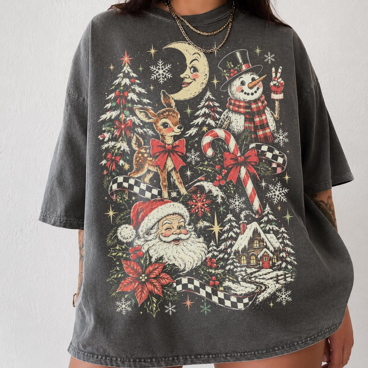 Christmas Retro Santa Y2k Holiday Comfort Colors Tee Vintage Snowman Reindeer Collage (1)