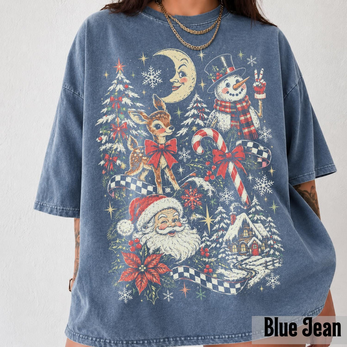 Christmas Retro Santa Y2k Holiday Comfort Colors Tee Vintage Snowman Reindeer Collage (3)