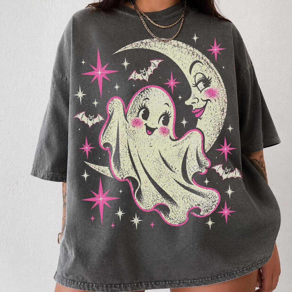 Halloween Retro Pink Ghos Y2k Moon Vintage Ghost Comfort Colors Tee Halloween (1)