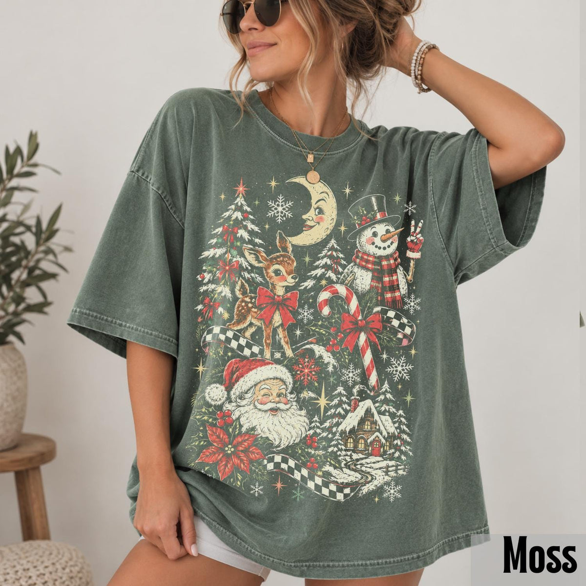 Christmas Retro Santa Y2k Holiday Comfort Colors Tee Vintage Snowman Reindeer Collage (2)