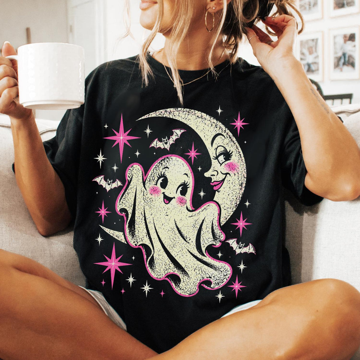Halloween Retro Pink Ghos Y2k Moon Vintage Ghost Comfort Colors Tee Halloween (2)