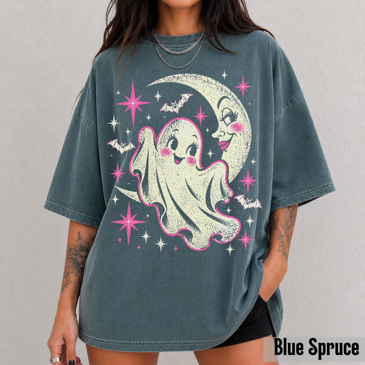 Halloween Retro Pink Ghos Y2k Moon Vintage Ghost Comfort Colors Tee Halloween (5)