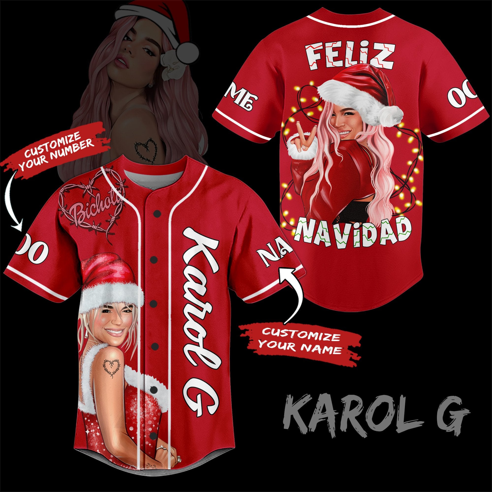 Personalized Bichota Karol G Red Christmas Baseball Jersey