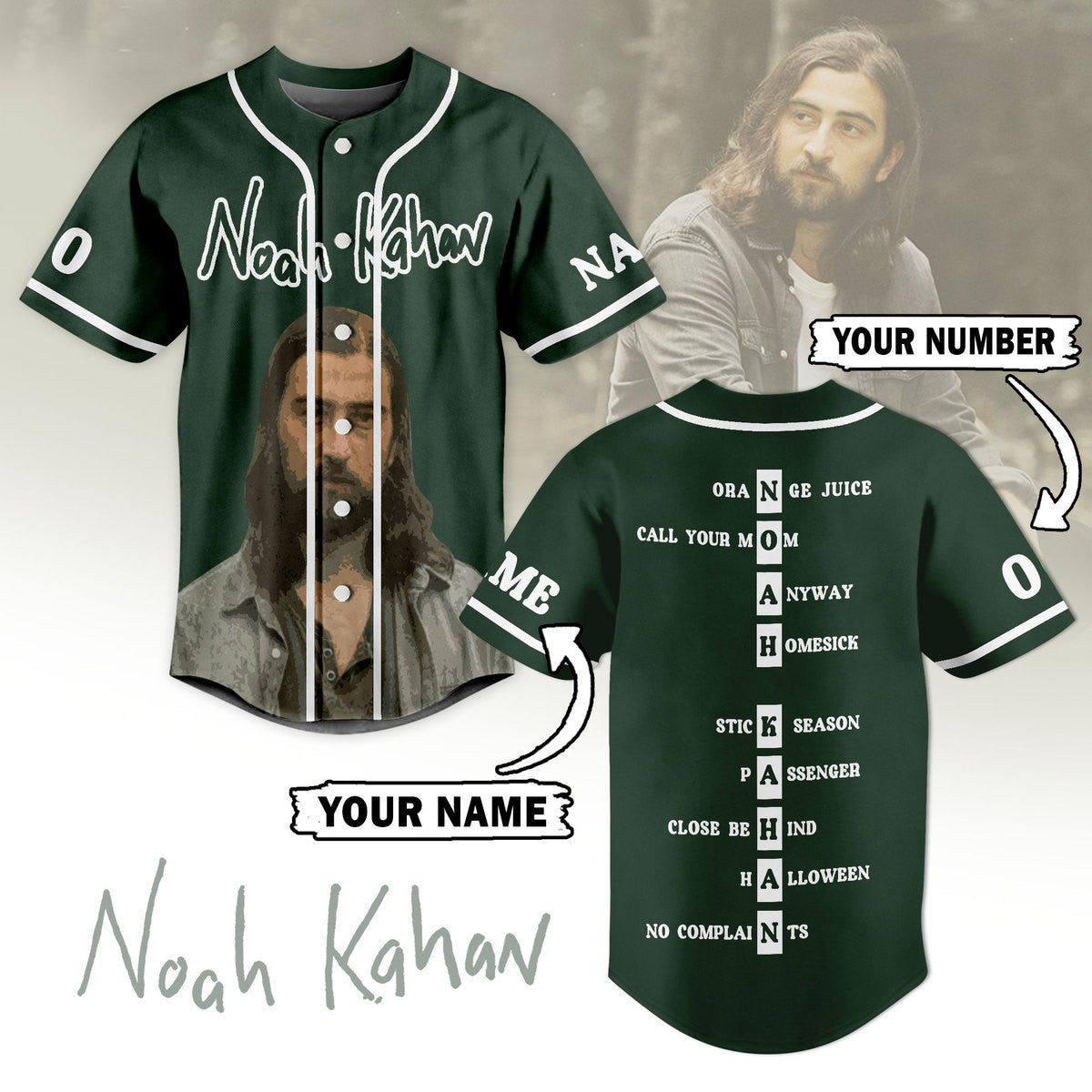 Personalized Noah Kahan Music Artist Green Baseball Jersey