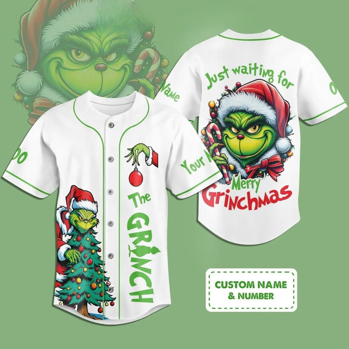 Personalized The Grinch Merry Christmas White Baseball Jersey