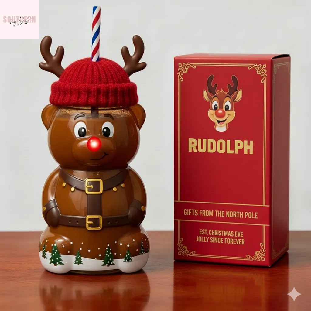 Rudolph The Reindeer Bear Glass Cup
