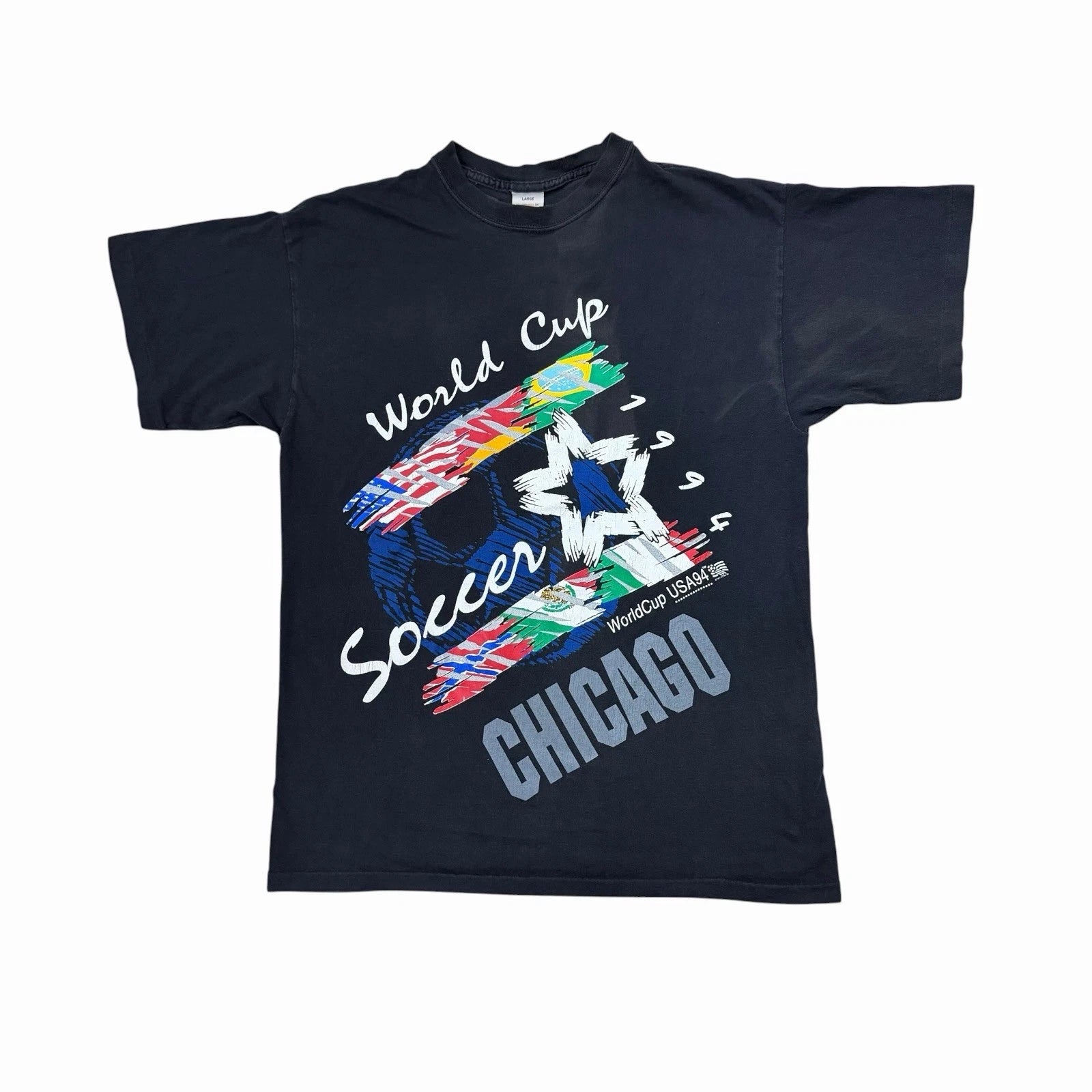 Vintage 1994 USA World Cup Soccer Rare Graphic T-Shirt Faded Black Size Large