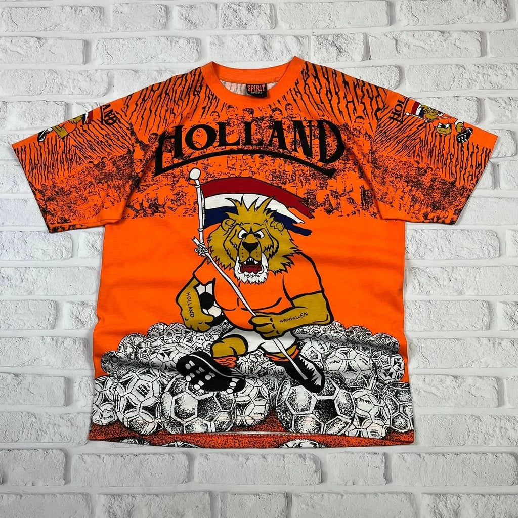 Vintage 90s Soccer World Cup Football Holland Netherlands AOP Orange T shirt XL