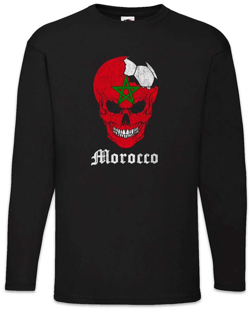 Morocco Football Skull I Men's Long Sleeve T-Shirt Moroccan Soccer Flag World