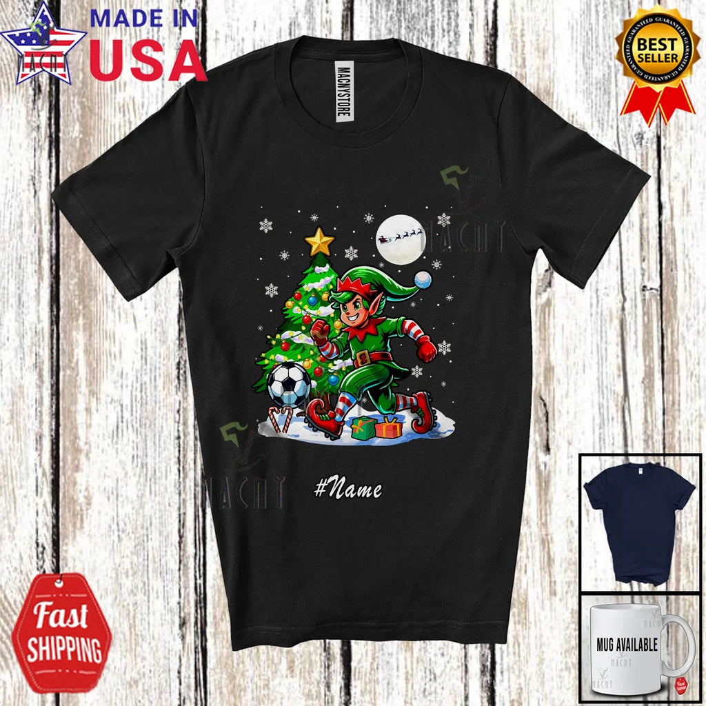 Custom Name Elf Playing Soccer; Christmas Tree Sport Player Lover Team T-Shirt