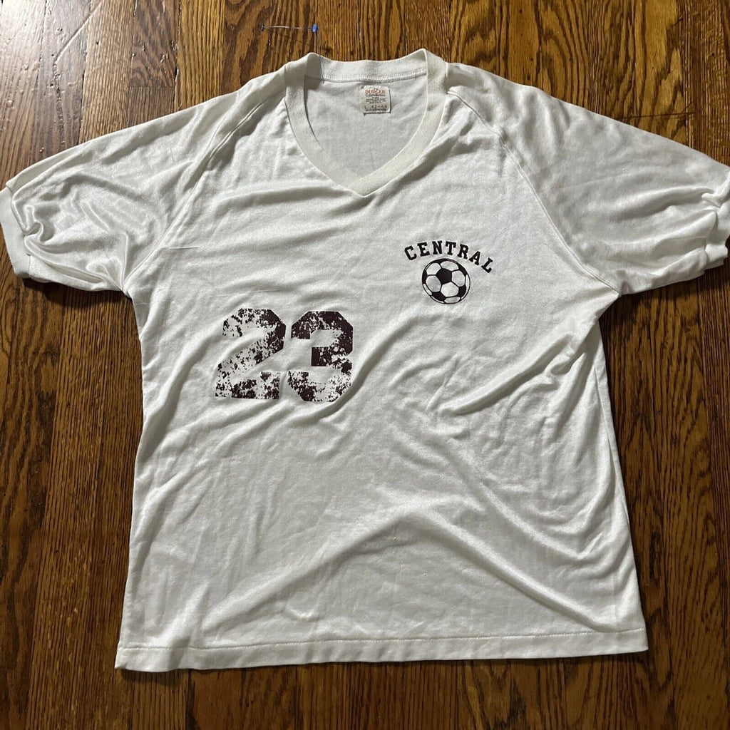 VTG 70s Dodger Sportswear Grunge Thrashed White Central High Soccer Jersey Sz L