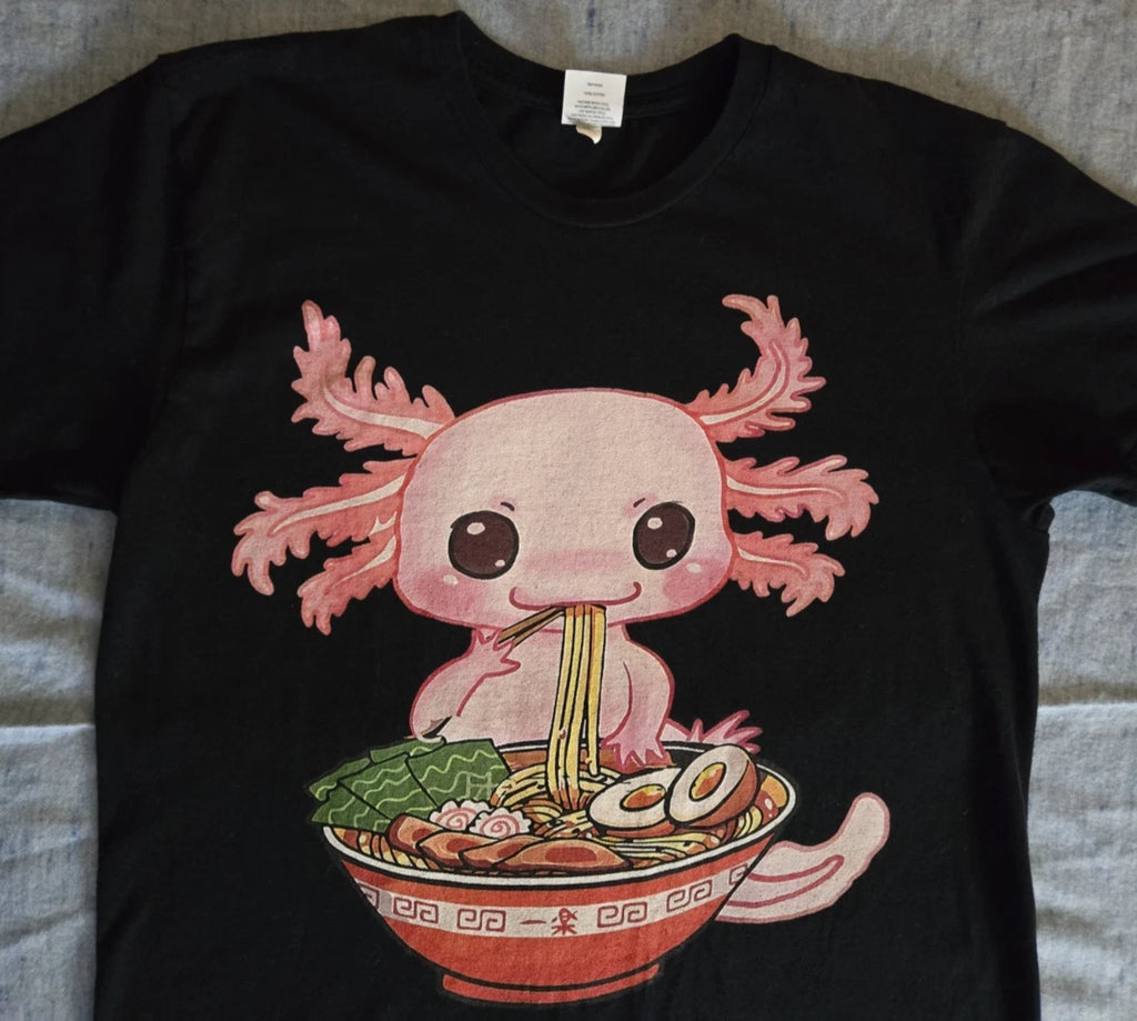 Kawaii Axolotl Eating Ramen Noodles ANIME T Shirt Mens Medium (M) Cartoon Tee