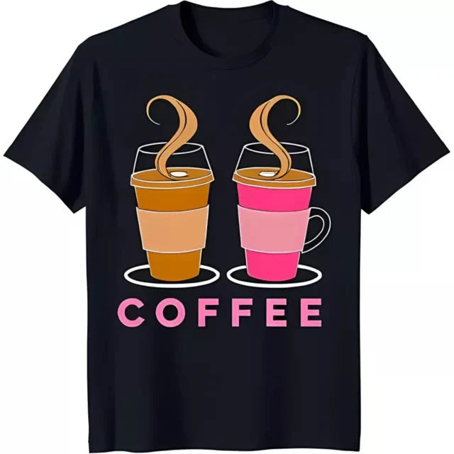 Vibrant Coffee Cups Graphic Fun Pink 'COFFEE' Design Tee S-3XL