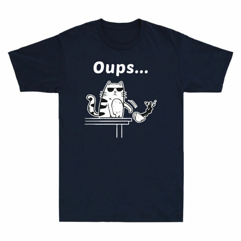 Oups Cotton Short Cool Sleeve Cat Coffee With Men's T-Shirt Funny Cat Sunglasses