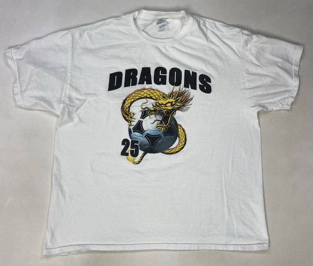 VINTAGE Dragons Soccer Graphic T-shirt Men XL White Short Sleeve